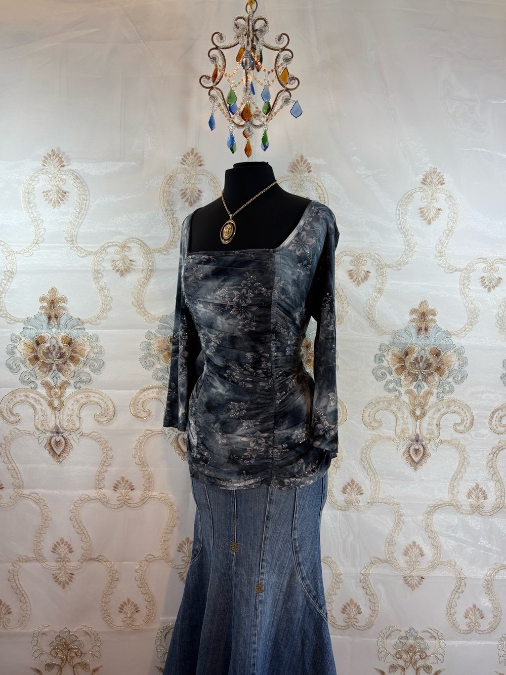 ✨Vintage Y2K Boho Tie Dye Floral Glitter Ruched Top✨